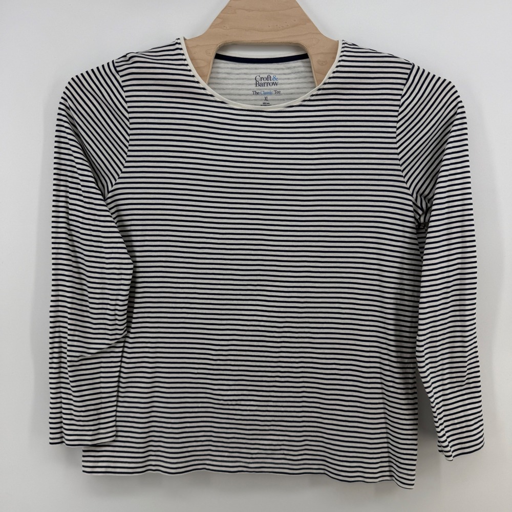 Croft & Barrow The Classic Tee XL Navy White Striped 3/4 Sleeve Cotton Top